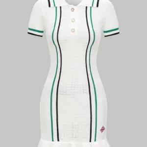 Knit Contrast Button Ruffle Short Sleeve Dress