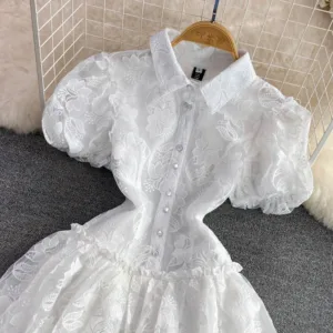 Embroidered Bubble Sleeves White A-line Dress