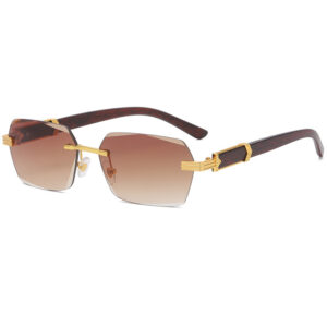 WOOD GRAIN TEMPLES RIMLESS RECTANGLE SUNGLASSES