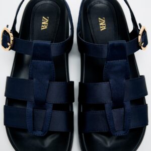 Zara navy blue satin flat fisherman sandals