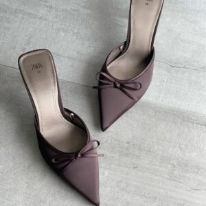 Zara brown satin kitten mules with a bow detail