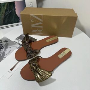 zara Gold Bow Flat Slides