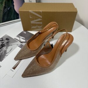 Zara Beige Rhinestone Slingback Heels