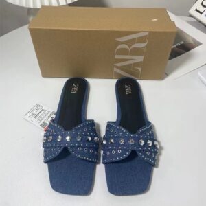 Zara denim square toe studded flat