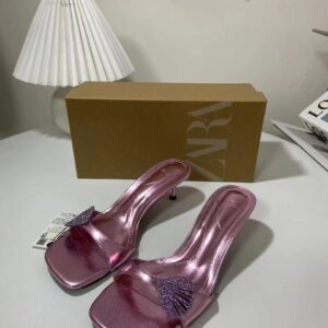 Zara pink metallic diamante sea shell detail kitten heel mules