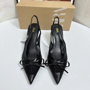 zara Bow Trim Court Heels with Black Mesh