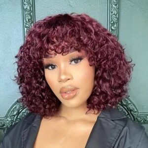 200% Fringe Deep Wave Human Hair bang Wigs 100% 14 inch